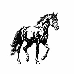 Stylized black and white horse walking gracefully on a white background.