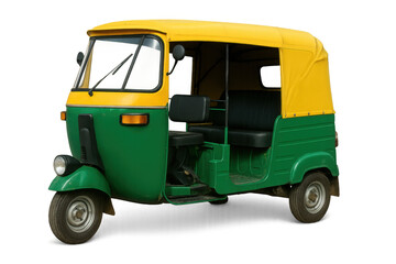 Auto rickshaw a three-wheeled public transport taxi, isolated on transparent background, showing driver and passenger seats
