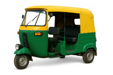 Auto rickshaw a three-wheeled public transport taxi, isolated on transparent background, showing driver and passenger seats
