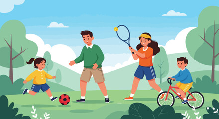 Active Family of Four Playing Sports Outdoors in a Park with Soccer, Tennis, and Cycling Activities