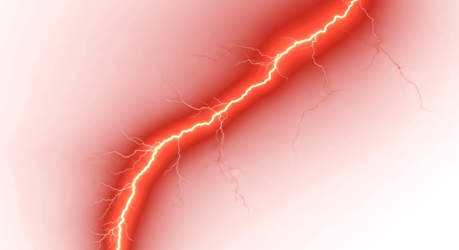 Dramatic red lightning strike illuminates dark sky with raw power and intense energy