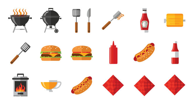 Collection of colorful flat design icons for a barbecue party, including grill, hamburgers, hot dogs, and cooking utensils. - Powered by Adobe