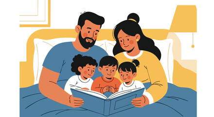 Parents Reading a Bedtime Story to Their Two Young Children While Cuddled Up in Bed Together