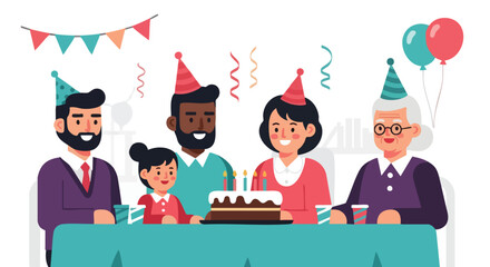 Multi-Generational and Diverse Family Celebrating a Birthday with a Cake, Party Hats, and Decorations