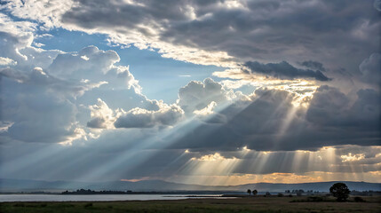 Sun rays breaking through dramatic clouds over a serene lake