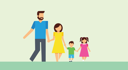 Flat Design Illustration of a Happy Family of Four Holding Hands While Walking Outdoors Together