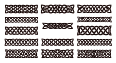Collection of seamless Celtic knotwork borders and dividers in a traditional interwoven style for decorative frame designs.