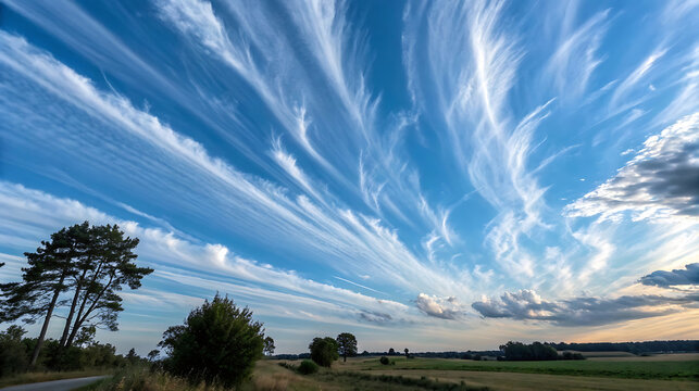 Vibrant blue sky with wispy cirrus clouds over a landscape - Powered by Adobe