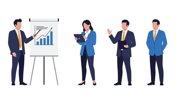 Business professionals gathered for a presentation with charts on a whiteboard