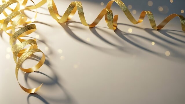 Elegant Gold Ribbon on White Background with Bokeh Lights for Celebrations