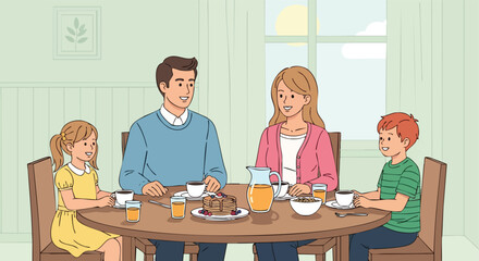 Happy Family of Four Enjoying a Peaceful Weekend Breakfast Together at the Dining Table