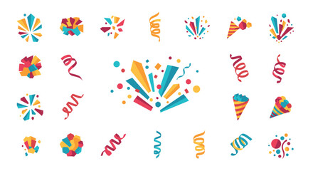 Colorful set of abstract confetti bursts, streamers, and party poppers for festive celebration and event announcement designs.