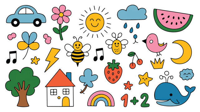 A delightful collection of hand-drawn whimsical elements, perfect for creating joyful patterns and designs