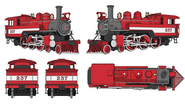 Vintage Red Steam Locomotive - Front, Side, and Top Views