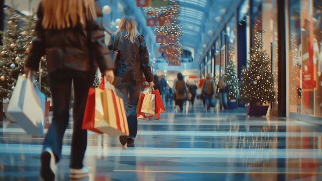 Christmas shopping holiday consumer gift winter retail commerce sale lifestyle shopper carrying colorful shopping bag walking through decorated mall with Christmas tree and lights evoking joyful