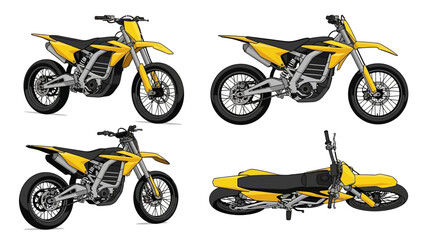 Obraz premium Four Views of a Sleek Yellow Electric Motocross Motorcycle on a White Background