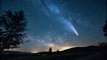 Comet neowise and the milky way in a dark night sky