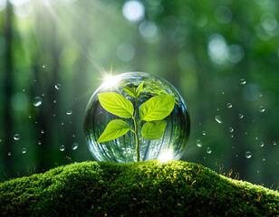 Young Plant Inside Glass Sphere on Moss – Nature Protection, Sustainability, and Environmental Conservation Concept