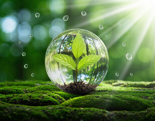 Young Plant Protected Inside Glass Sphere – Nature Conservation, Sustainability, and Environmental Protection Concept