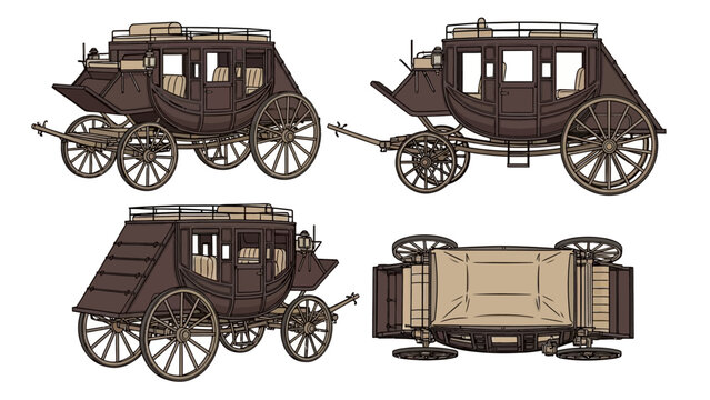 Vintage horse-drawn carriage from multiple angles, showcasing antique transportation design