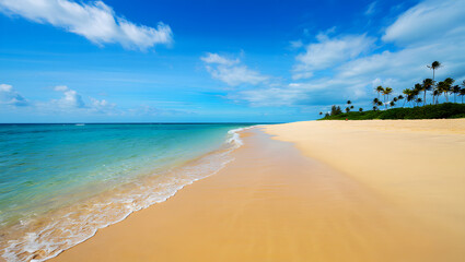 Idyllic tropical beach with golden sand, clear turquoise water, and palm trees under a blue sky with scattered clouds