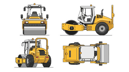 Construction vehicle a road roller in multiple views, an industrial machine for compacting surfaces