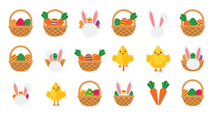 Fototapeta premium Cute sticker collection of Easter-themed elements including baskets with eggs, baby chicks, and bunny ears for holiday design.