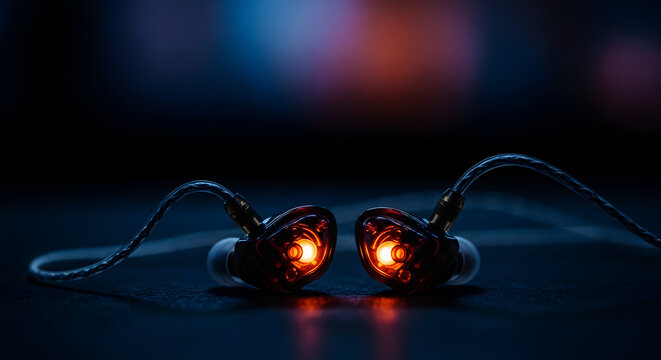 Illuminated Earbuds with Glowing Orange Lights on a Dark Surface with Blurred Background earphones