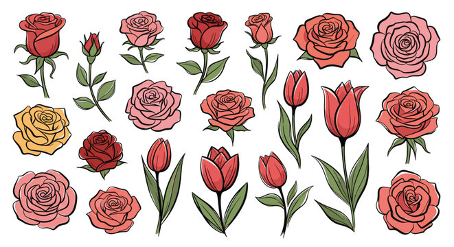 Collection of hand-drawn roses and tulips with a colorful sketch effect, perfect for vintage floral arrangements and bouquets.