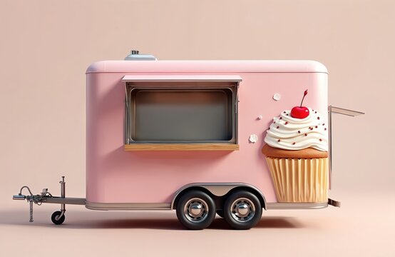 Pink cupcake food truck illustration. A trailer with a giant cupcake decoration. It features wheels a serving window and copy space. Dessert cafe mobile vehicle for business.