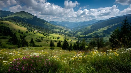 Lush Green Mountain Valley with Rolling Hills and Cloudy Sky.