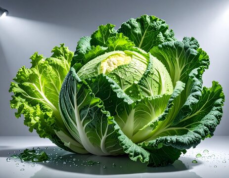 Hyper-clean, Fresh Green Cabbage under Modern Studio Lighting with Crisp Highlights and Water Droplets