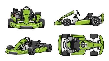 Four Views of a Lime Green Racing Go-Kart from Front, Side, Angle, and Top