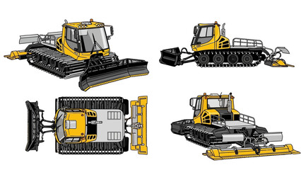 Snow Groomer Vehicle Set Top, Side, Front, and Rear Views of Specialized Tracked Equipment