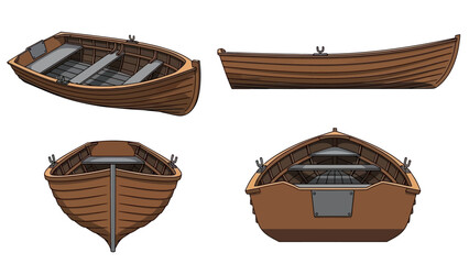 Multiple views of a wooden rowboat, showcasing its design from various angles