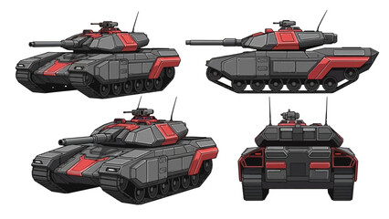 Naklejka premium Military Tank Blueprints - Side, Front, Back, and Top Views of a Futuristic Armored Vehicle