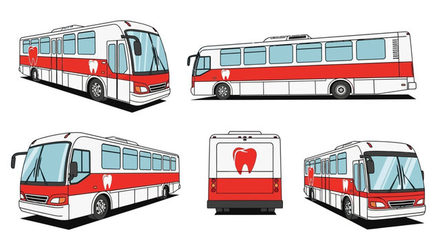 Set of vector illustrations of a dental bus, showing it from multiple angles