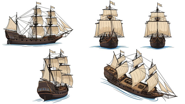 Collection of Vintage Sailing Ship Illustrations from Various Angles