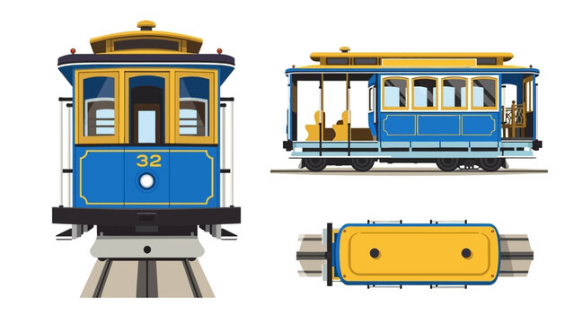 Classic Blue Cable Car in Three Views Front, Side, and Top - Vector Illustration