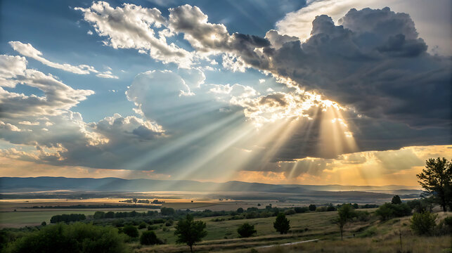 Dramatic sun rays piercing through clouds over a serene landscape - Powered by Adobe