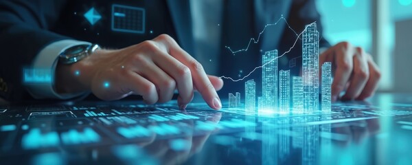 Businessman analyzes real estate data on futuristic holographic interface. Hand touches glowing digital chart with city model. Financial analyst studies property investment statistics market trends,