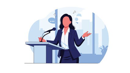 Confident woman speaking from podium while leading a meeting or presentation. Ideal for leadership, corporate culture, and motivational teamwork visuals