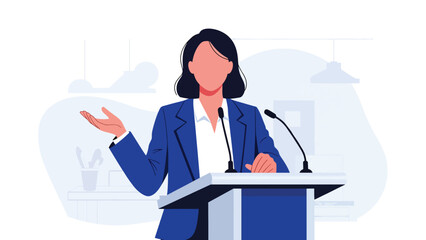 Confident woman speaking from podium while leading a meeting or presentation. Ideal for leadership, corporate culture, and motivational teamwork visuals