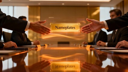 Generative AI business meeting with holographic nameplates for success.