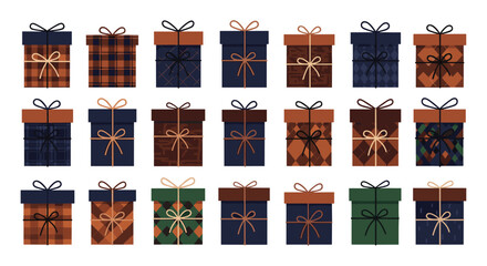 Cozy collection of gift boxes wrapped in classic plaid, tartan, and argyle patterns, perfect for autumn and winter holidays.