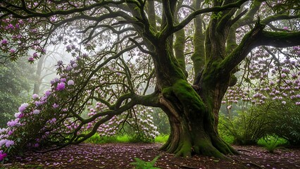 Fototapeta premium A majestic, ancient tree covered in moss, surrounded by vibrant pink and white rhododendron blossoms in a misty forest.