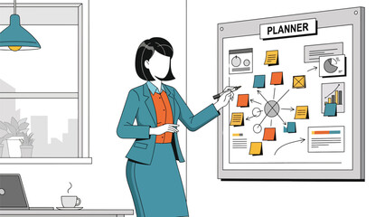 Professional woman reviewing calendar tasks to plan daily schedule. Ideal for productivity, time management, and business planning content