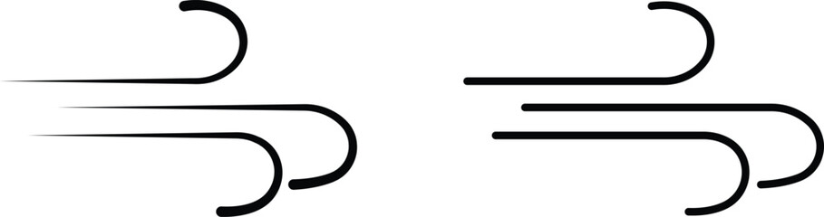 Black Wind Breeze Swirl Icon Set Collection Group in Flat Line Style, Air Flow Symbol Pack with Abstract Curved Gust Shapes, Minimal Outline Weather Elements and Motion Lines Vector Illustration