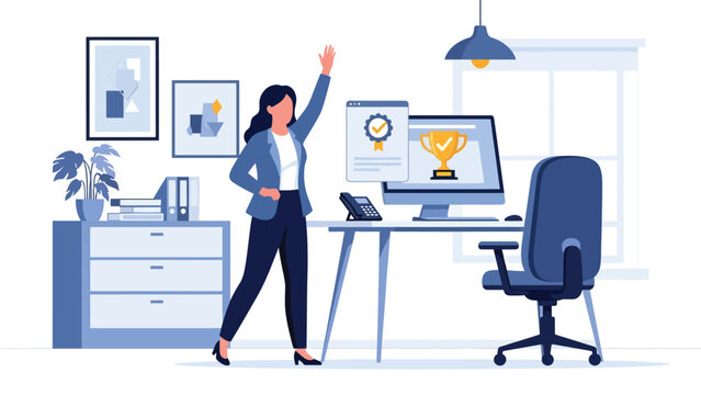 Excited businesswoman celebrating achievement at her desk. Ideal for motivation, success themes, teamwork celebration visuals, and professional growth content