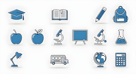 Flat lay of various blue and gray educational icons on a white background, including school supplies and learning tools.